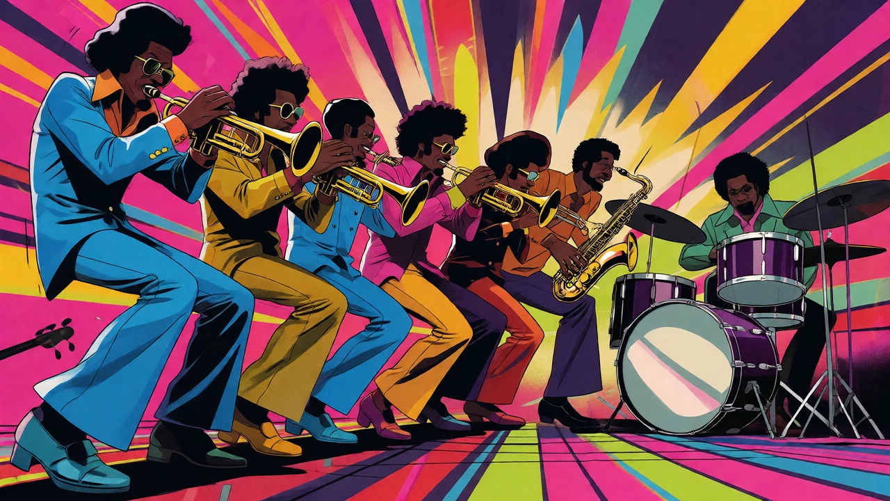 Dynamic vintage cartoon of a funk horn section punching out syncopated rhythms with bright colors.