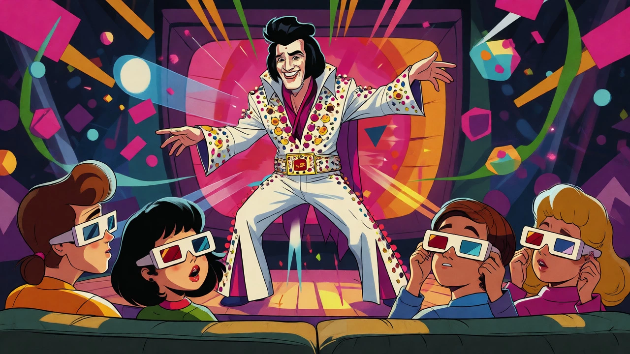 Elvis impersonator performing 3D magic tricks for a confused TV audience