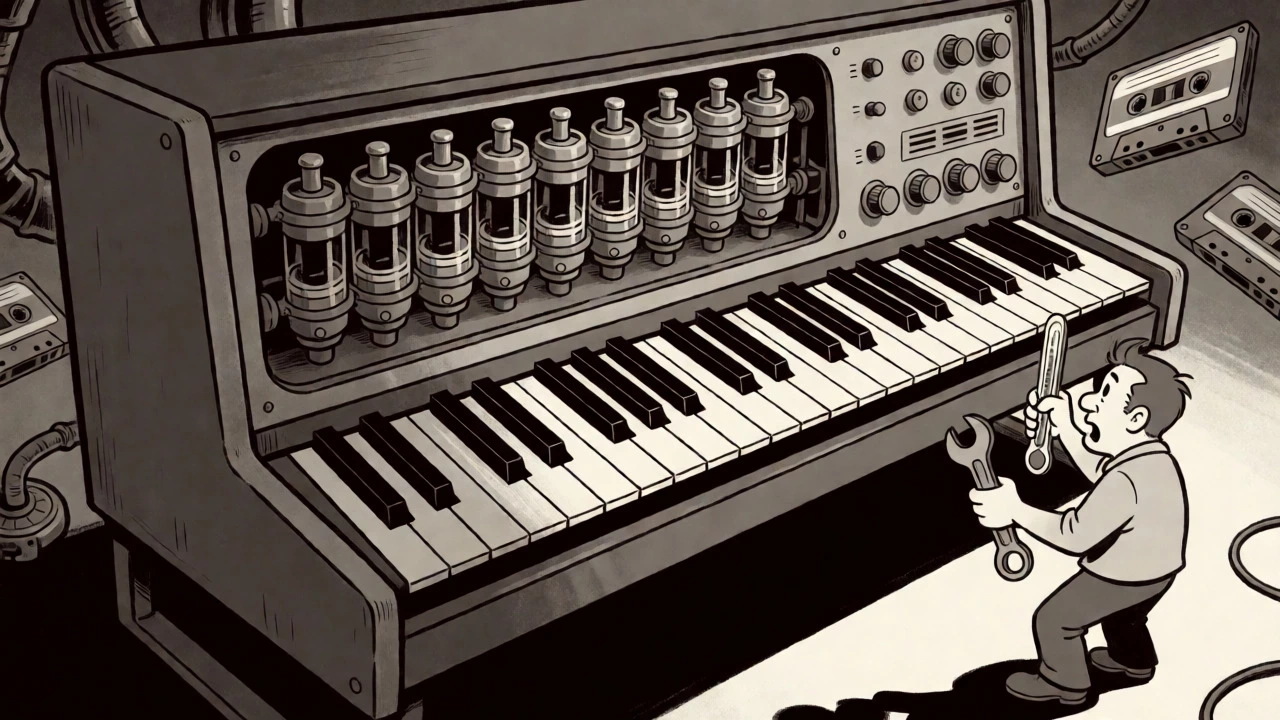 Engineer facing the complex Memorymoog synthesizer requiring calibration