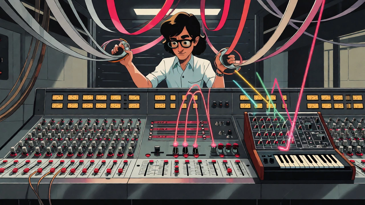 Engineer operating a vintage mixing console with tape loops and synthesizers in a recording studio.