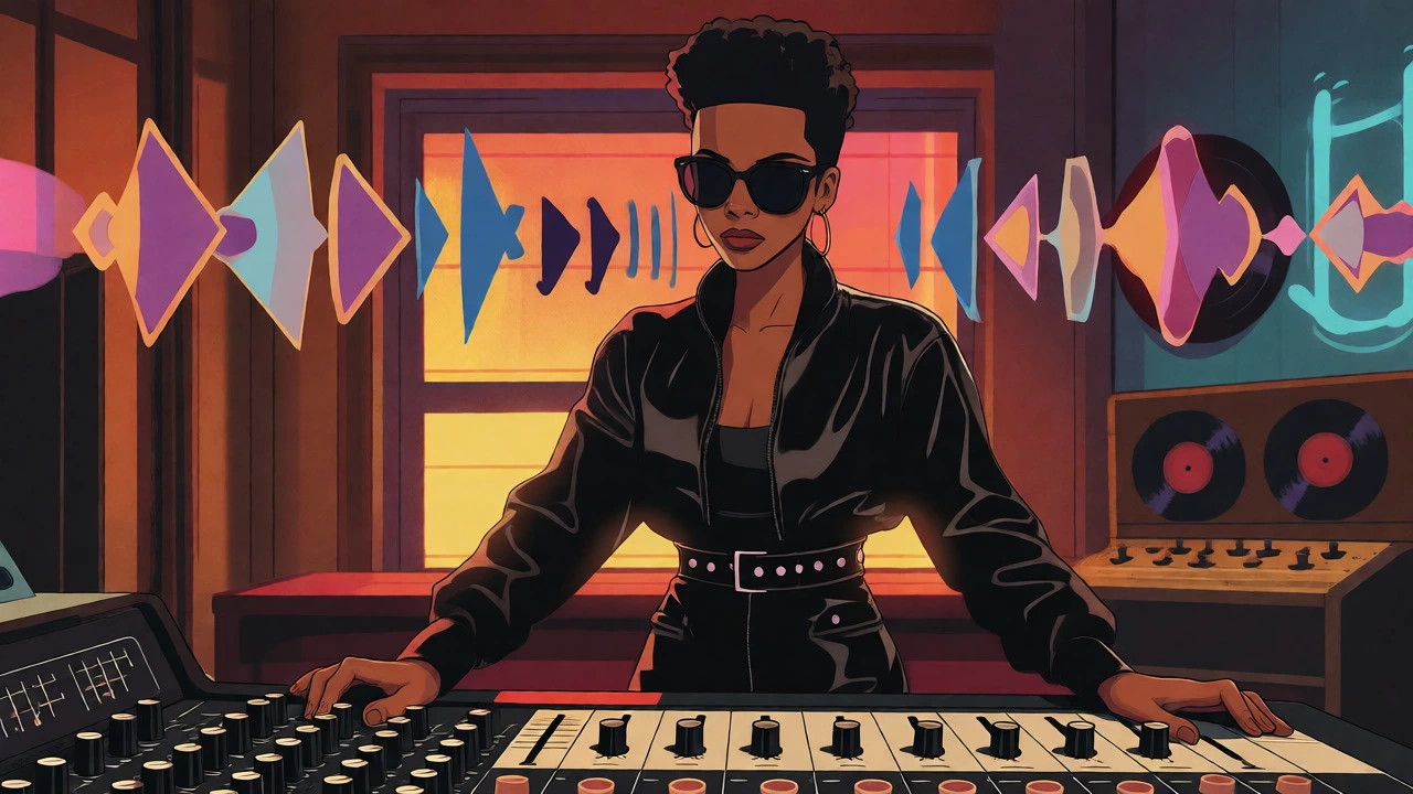 Female artist in a recording studio surrounded by vinyl and sound waves