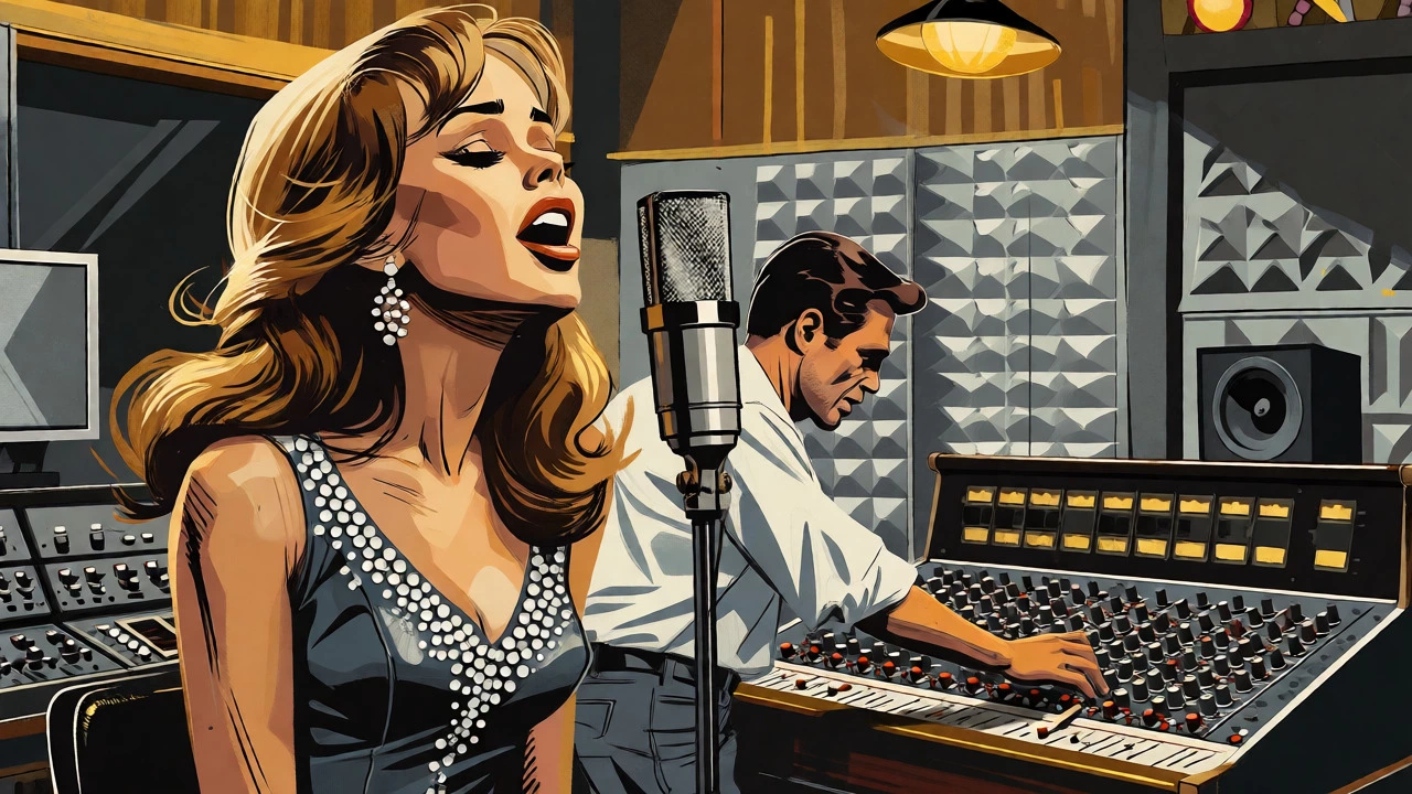Female country singer performing at a vintage microphone in a studio.