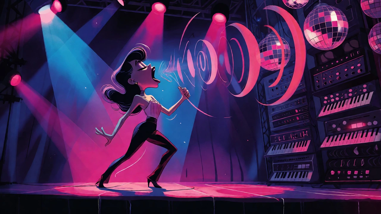 Female singer belting into microphone with visible sound waves in retro animated aesthetic