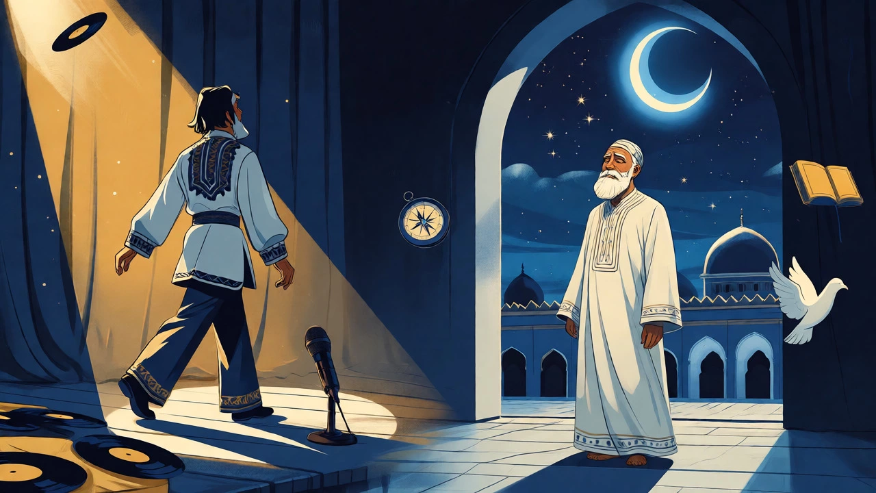 Figure transitioning from stage to mosque under a crescent moon