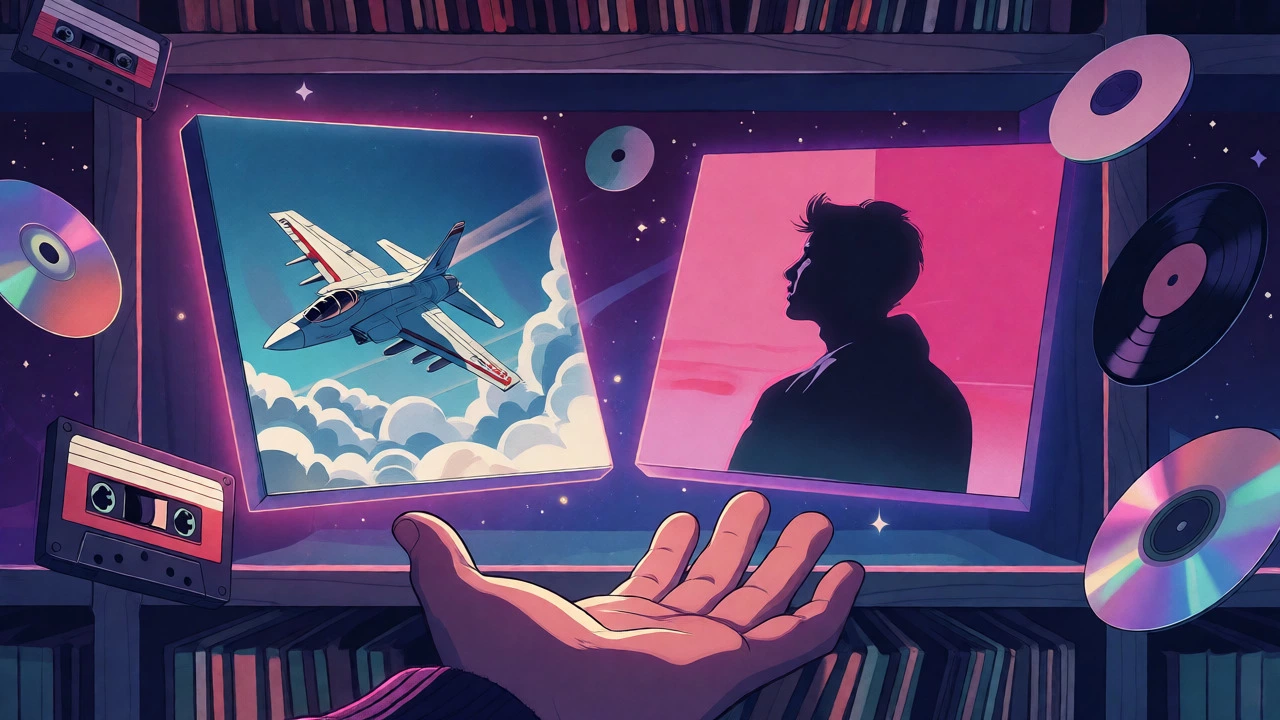 Floating album covers and music formats inside a glowing time capsule.