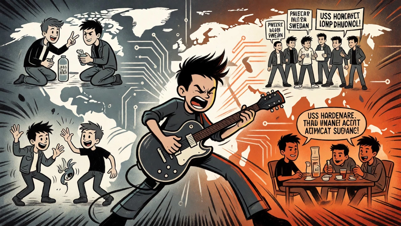 Global punk scenes depicted in a connected vintage cartoon collage.