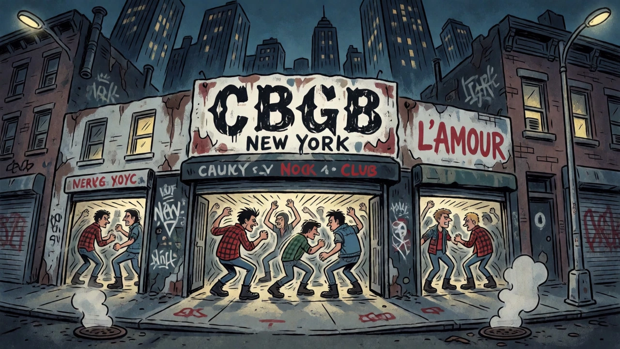 Gritty NYC club scene with hardcore fans and urban gentrification backdrop
