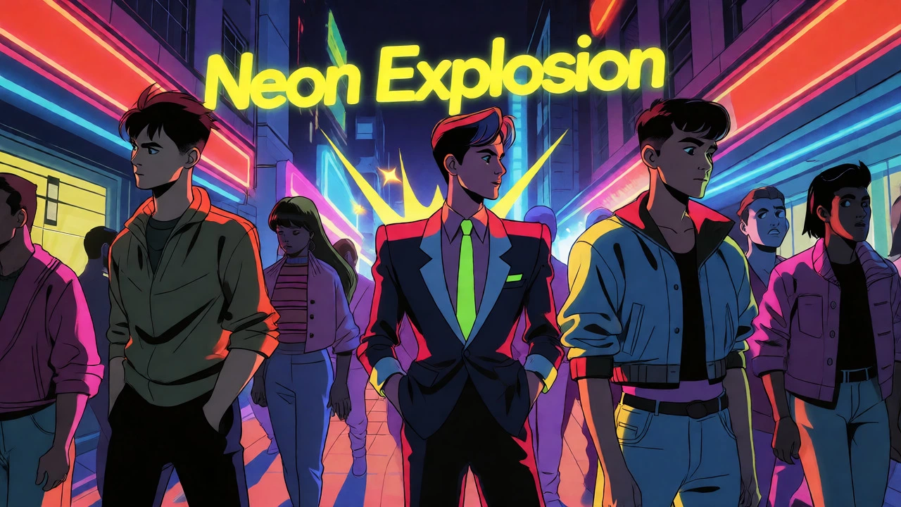 Group in neon-lit street wearing modern New Wave inspired outfits