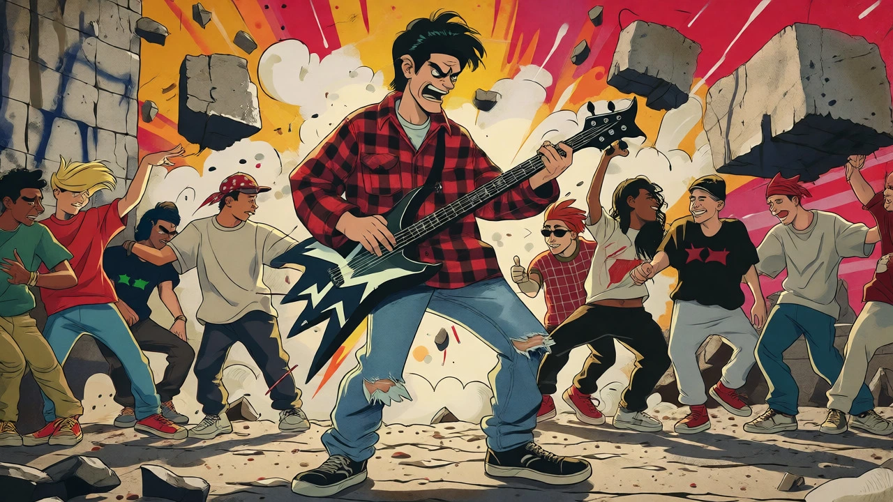 Grunge musician leading a diverse crowd as glam metal walls crumble behind them.