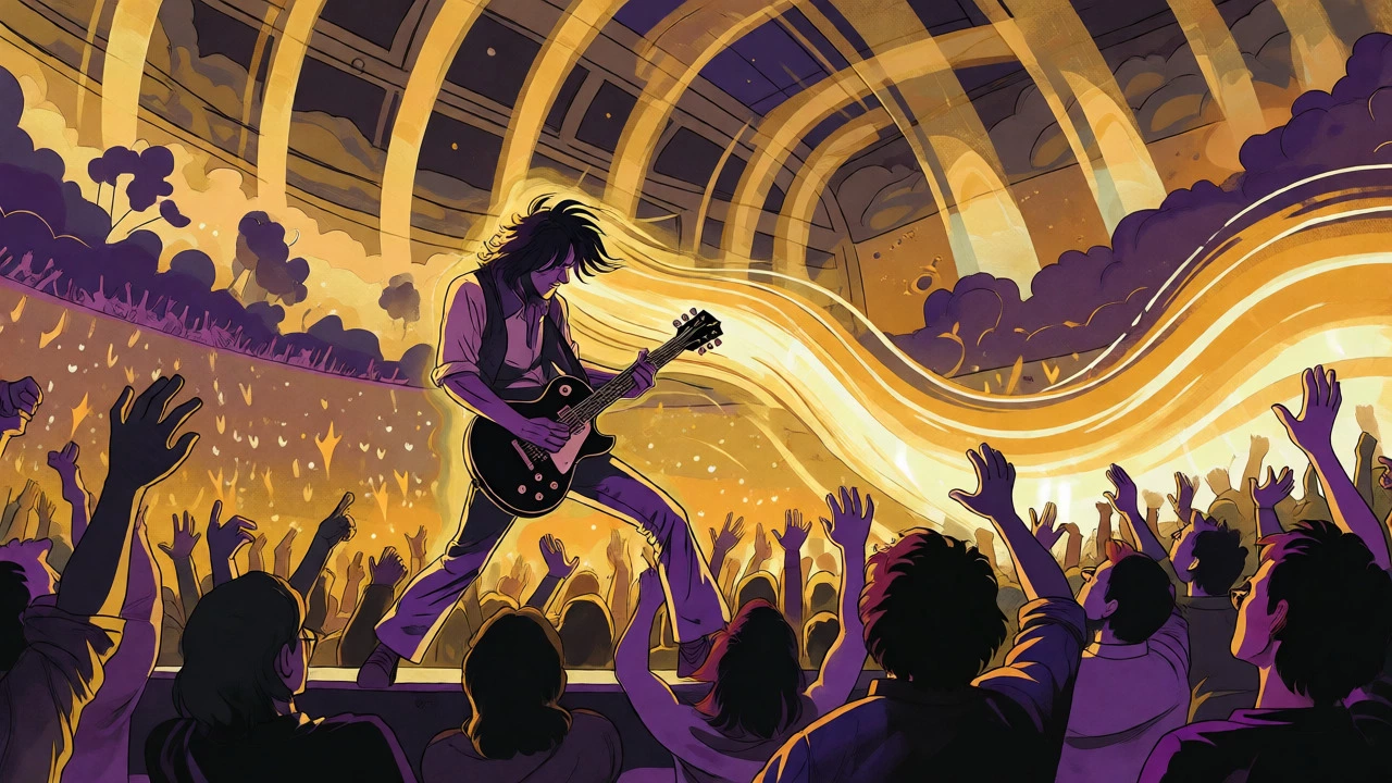 Guitarist creating a wall of sound over a cheering crowd