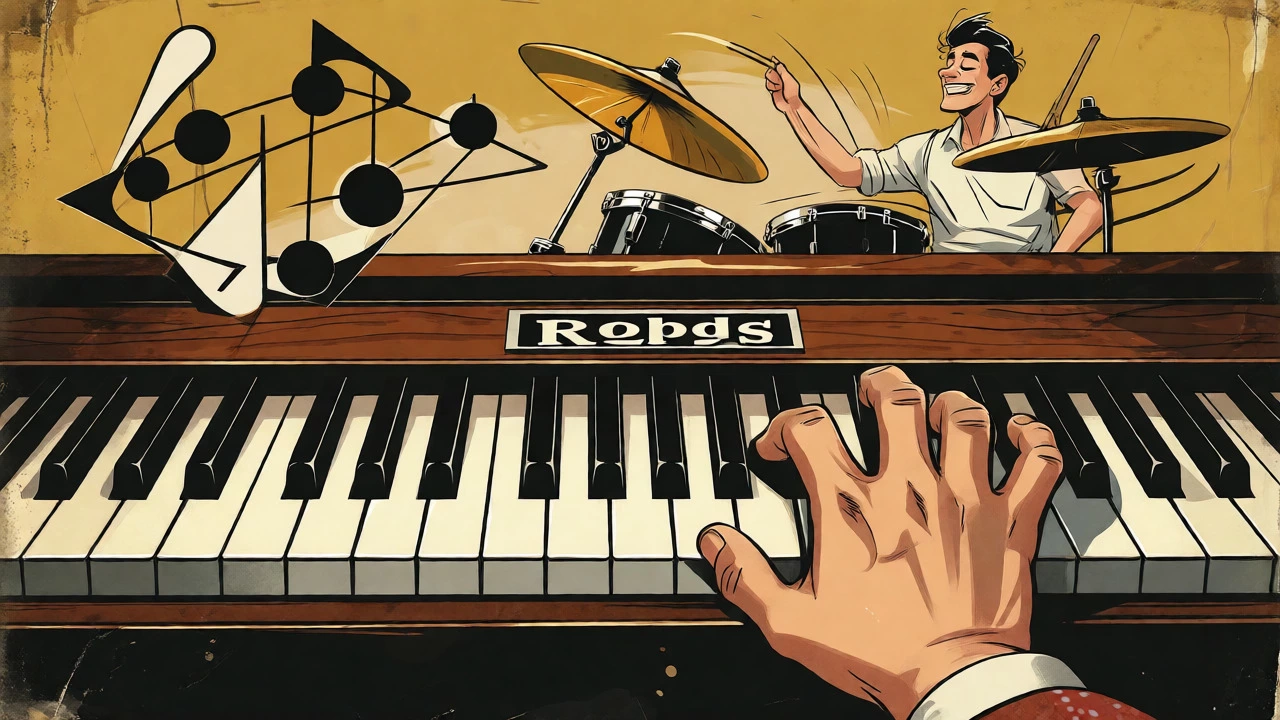 Hands playing a Rhodes piano with floating jazz chord symbols.