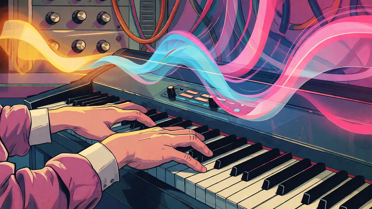 Hands playing keys with surreal colorful sound waves