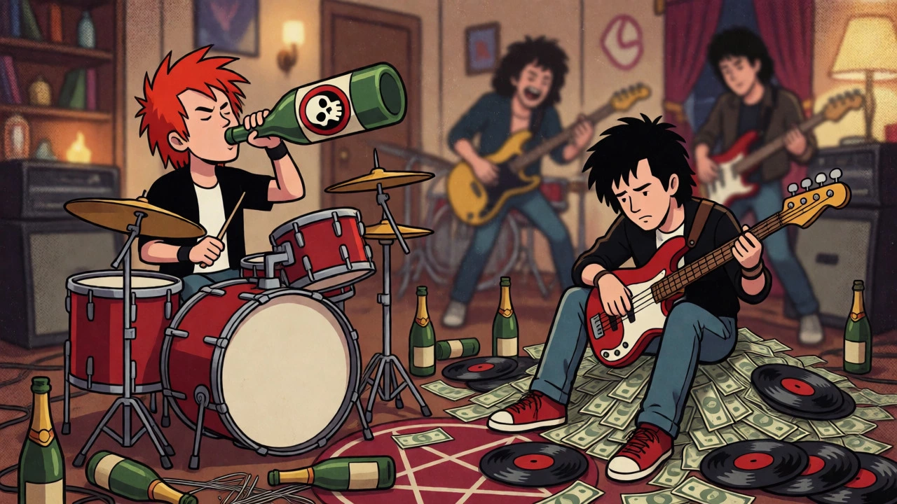 Illustration of a chaotic party apartment with a drummer drinking and scattered debris.