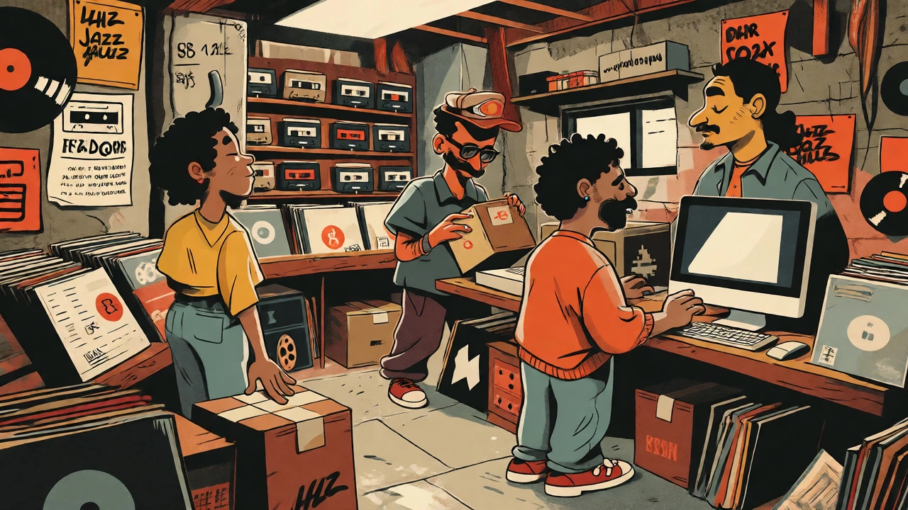 Illustration of a cozy independent record shop with diverse jazz artists
