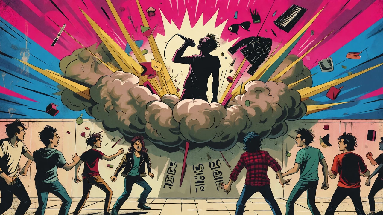 Illustration of a grunge musician breaking through 80s music excess.