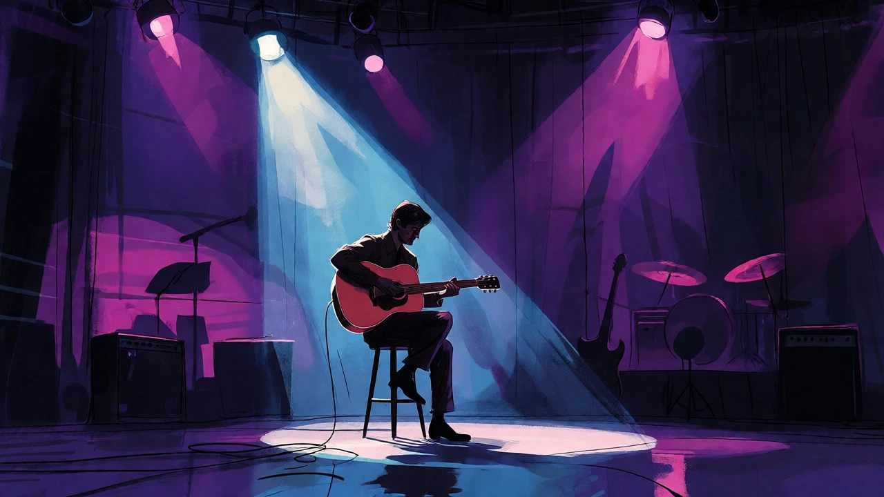 Illustration of a solo guitarist performing under a spotlight in a dark studio.