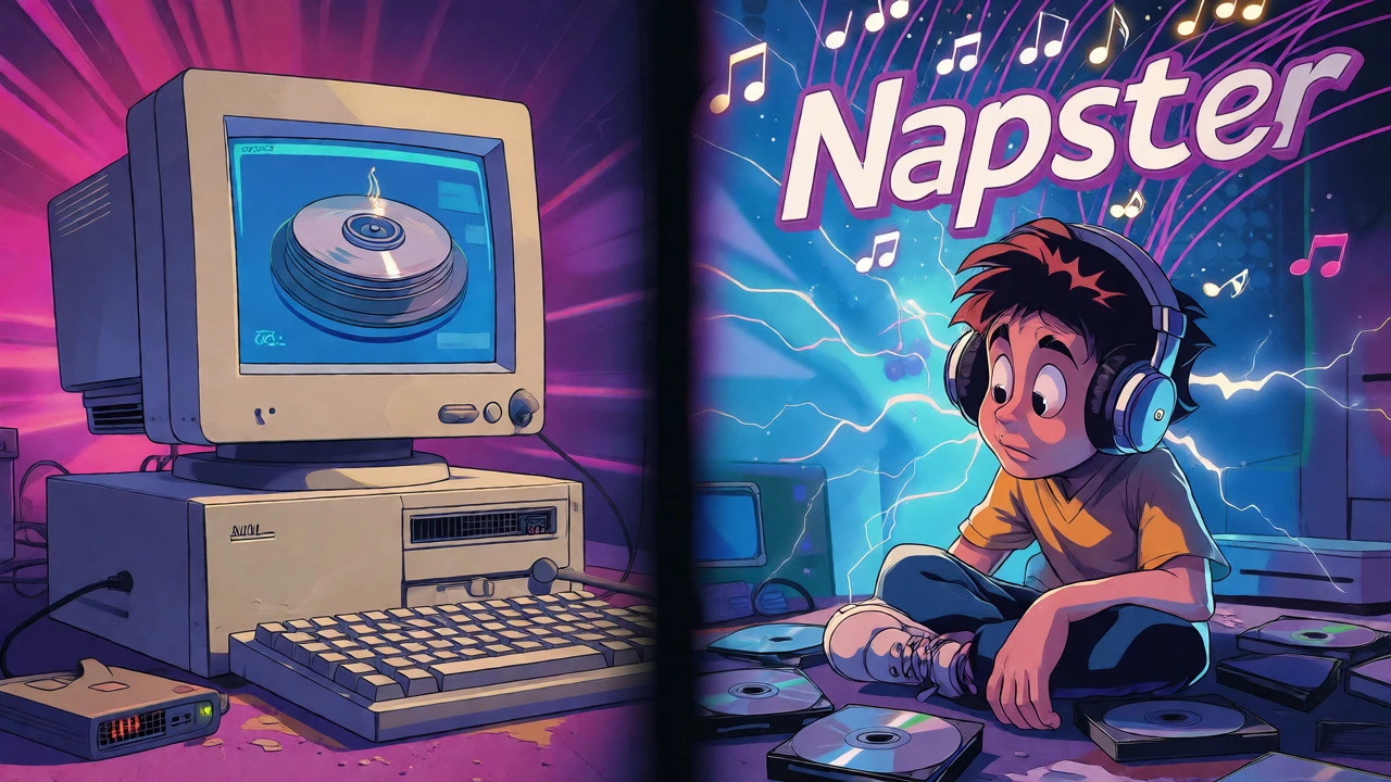 Illustration of a teen using a desktop computer for Napster downloads
