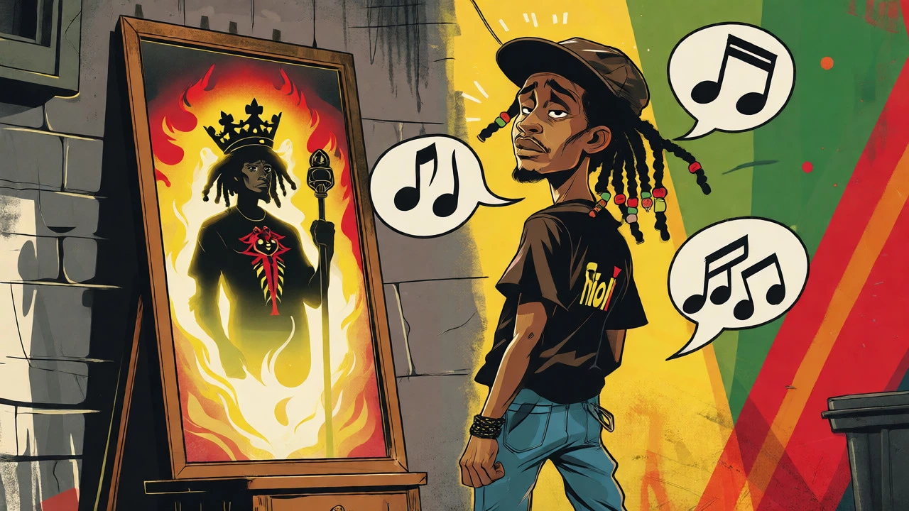 Illustration of a youth seeing himself as a righteous ruler through reggae identity.