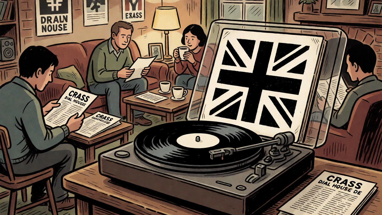 Illustration of Crass band's Dial House commune with stencil art and DIY activities.