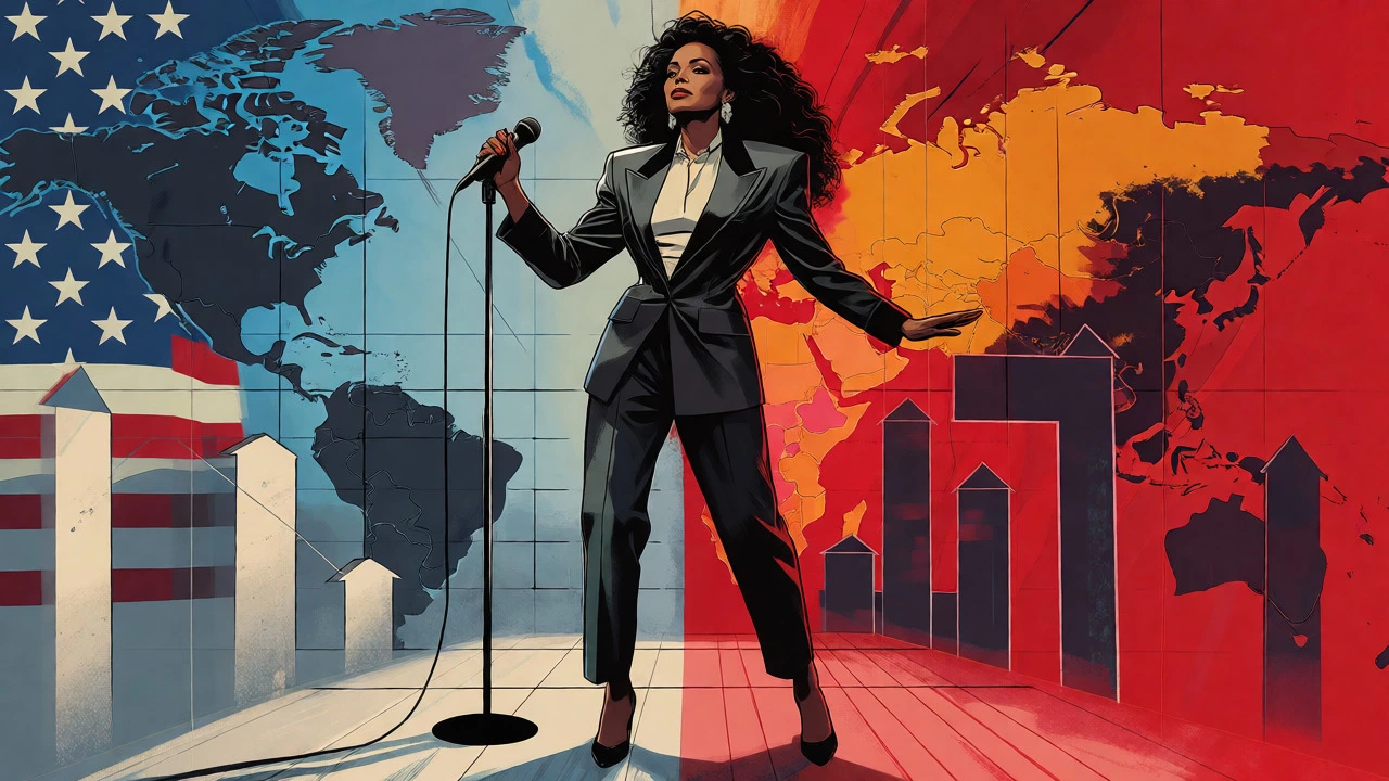 Illustration of Diana Ross standing confidently amidst symbols of global music success.