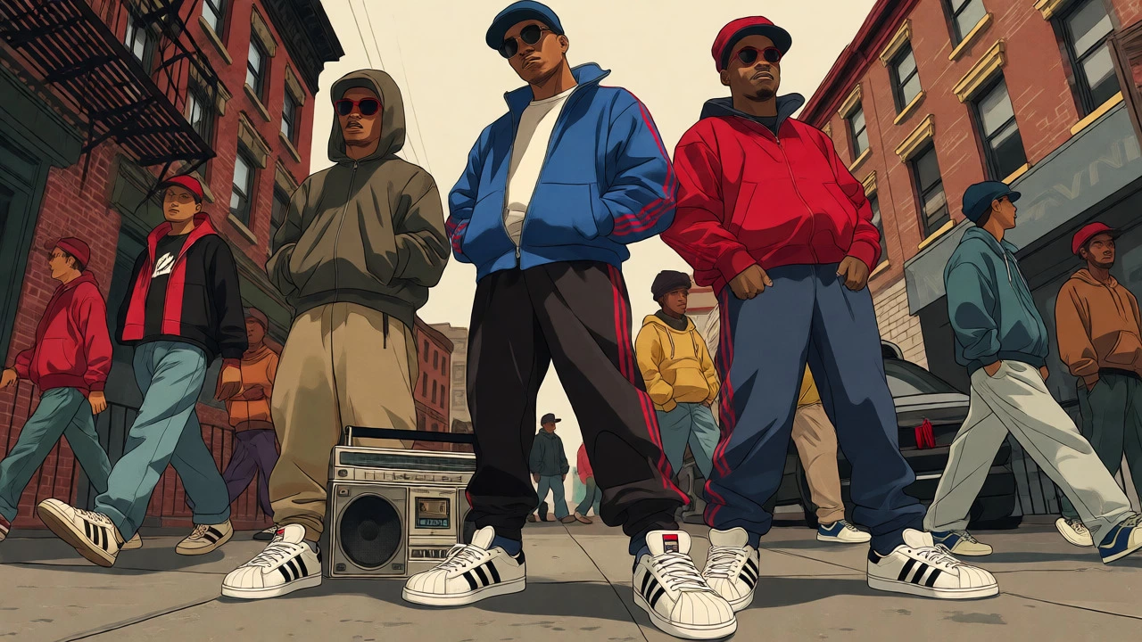 Illustration of hip-hop artists in tracksuits and sneakers standing on a city sidewalk