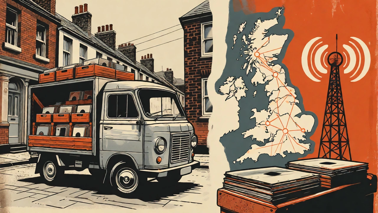 Illustration of indie record distribution vans and radio towers connecting across a map.
