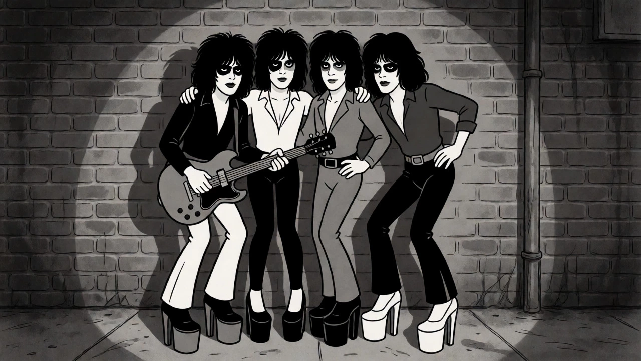 Illustration of New York Dolls in glam attire standing in a city alley