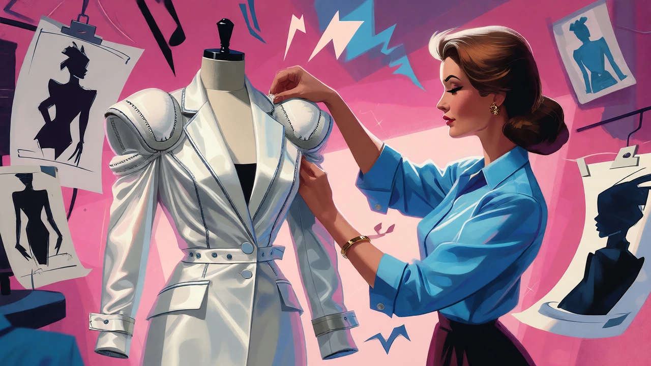 Illustration of stylist adding shoulder pads to satin blazer