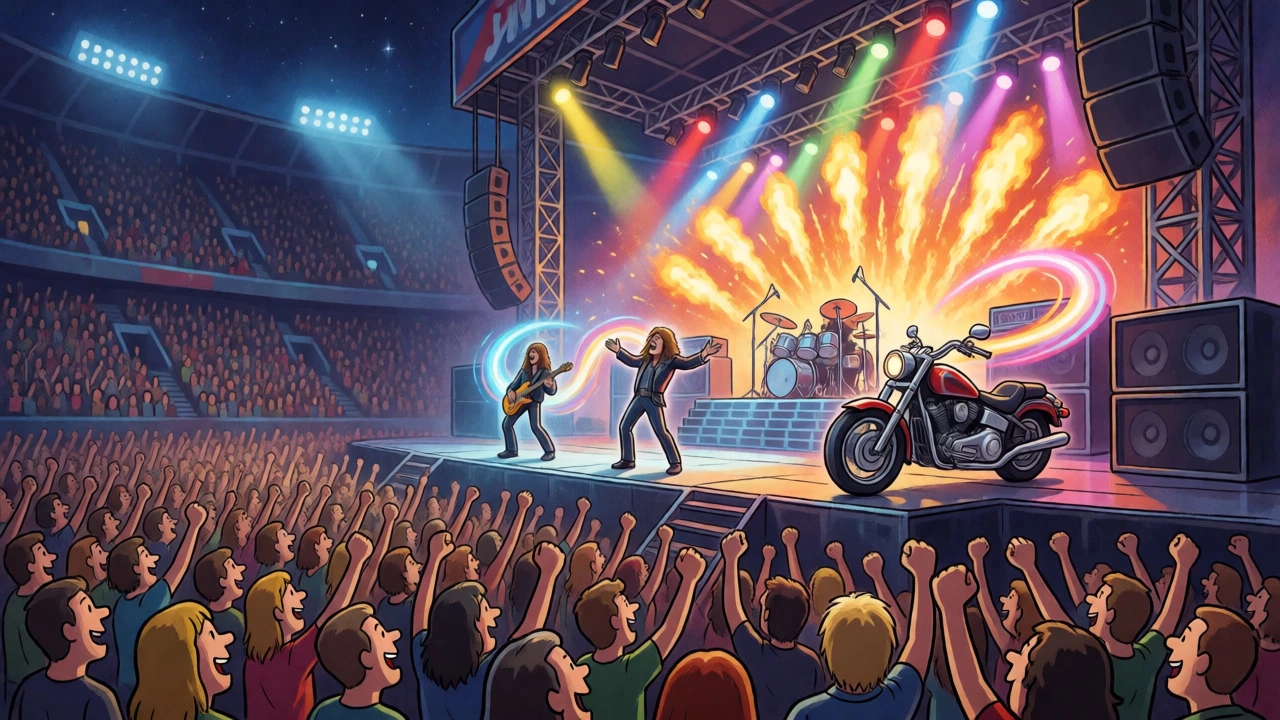 Judas Priest headlining a massive stadium with pyrotechnics in vintage cartoon style.