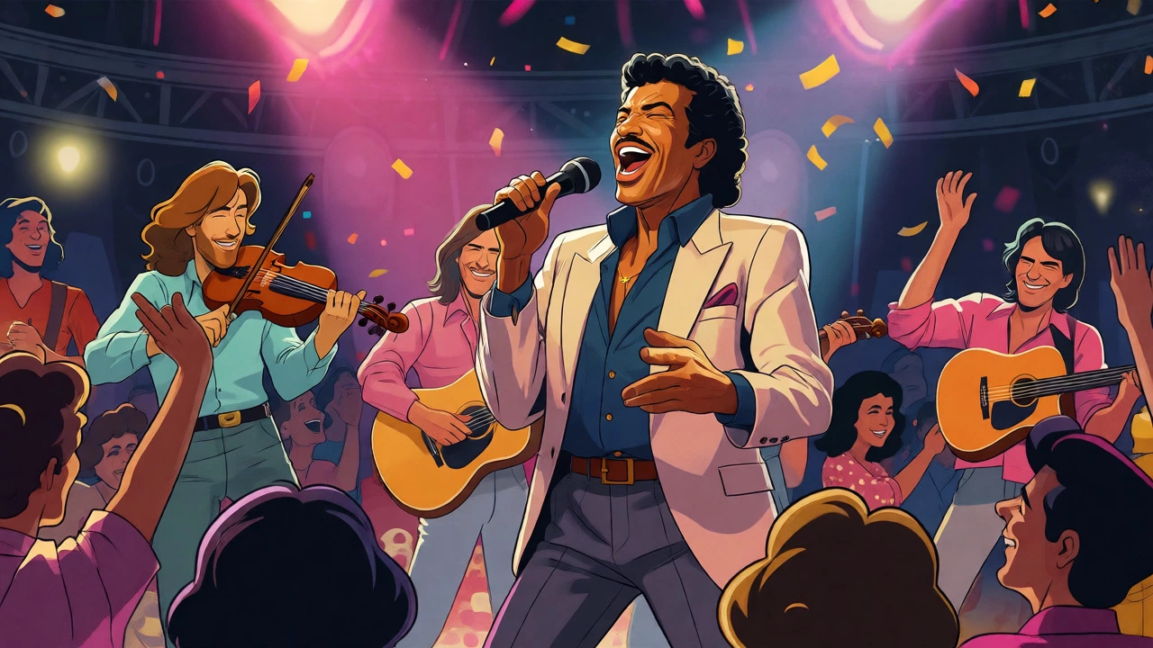 Lionel Richie performing on stage with the country band Alabama.
