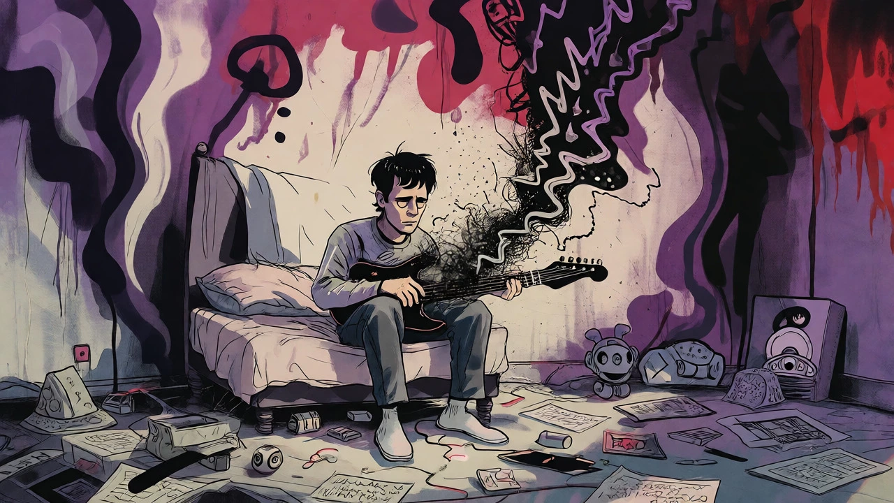 Lonely musician surrounded by geek memorabilia