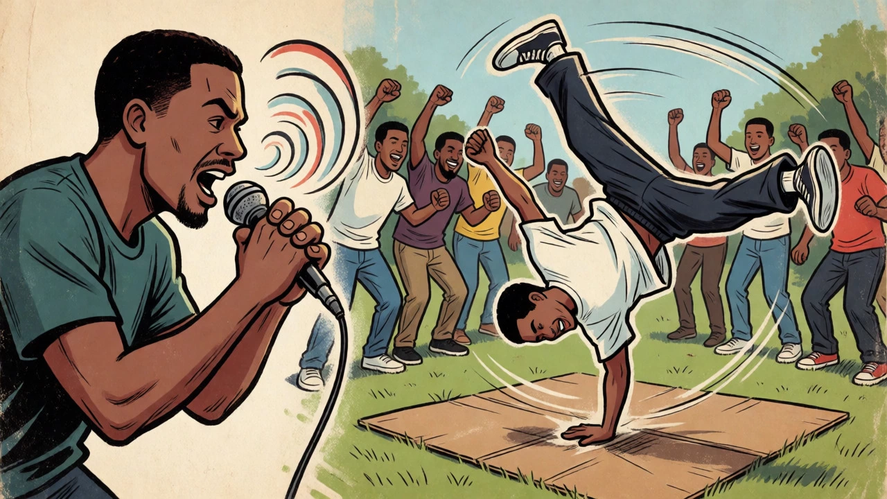 MC rapping and B-boy breaking in a park surrounded by spectators