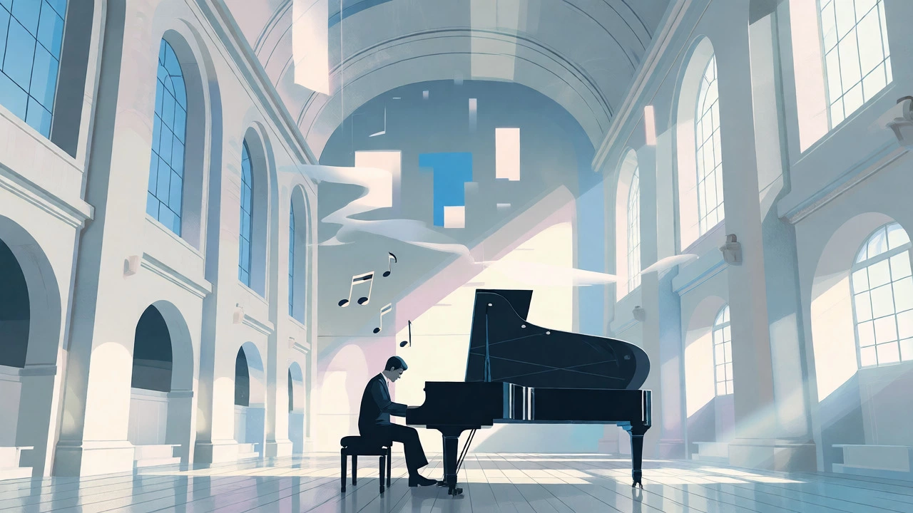 Minimalist cartoon of a pianist in a large, echoing European concert hall