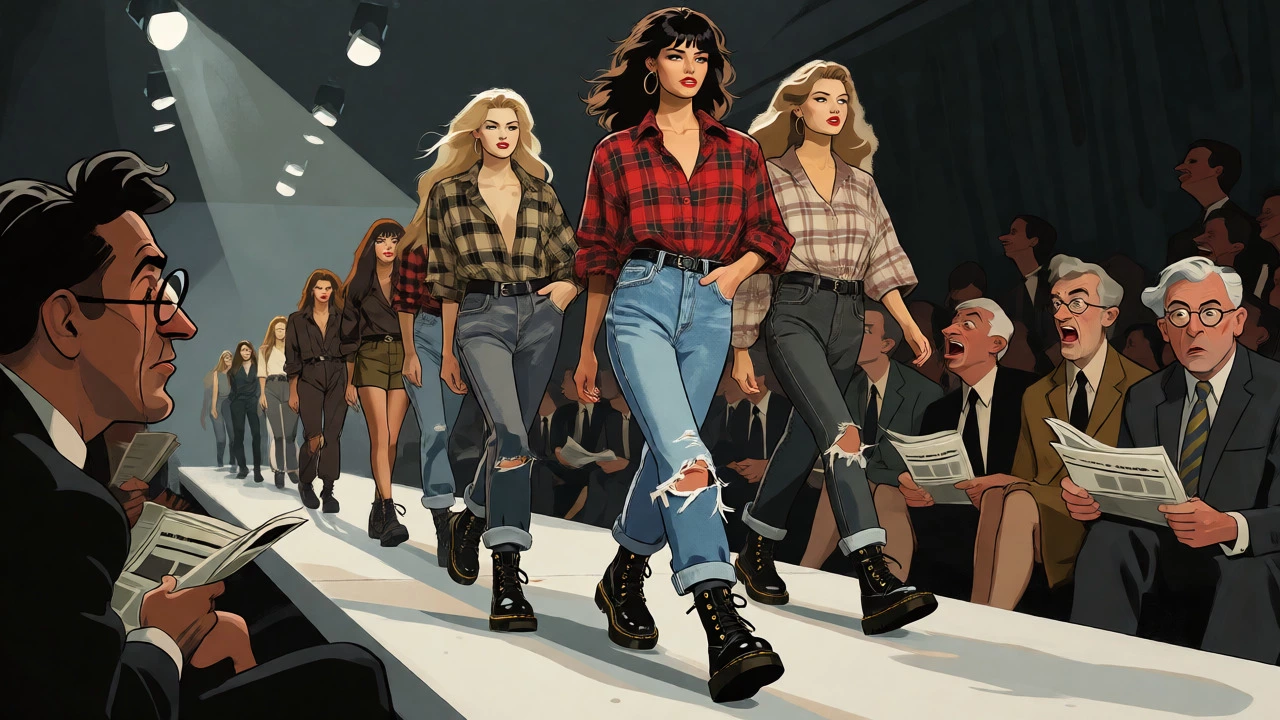 Models walking a runway in grunge-inspired high fashion attire