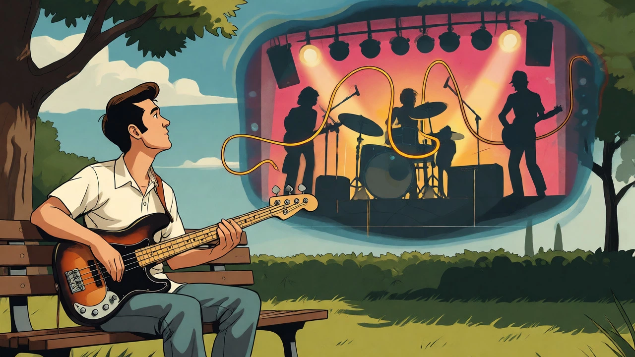 Modern bassist viewing a 1970s smooth rock performance