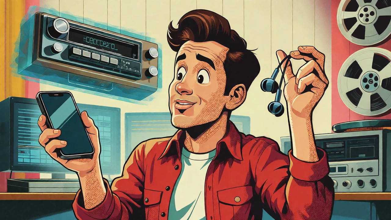 Modern producer comparing smartphone audio to a ghostly 1980s car stereo in a vintage cartoon style.