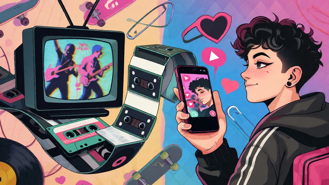 Modern teen watching pop punk videos on phone linked to 90s MTV nostalgia.