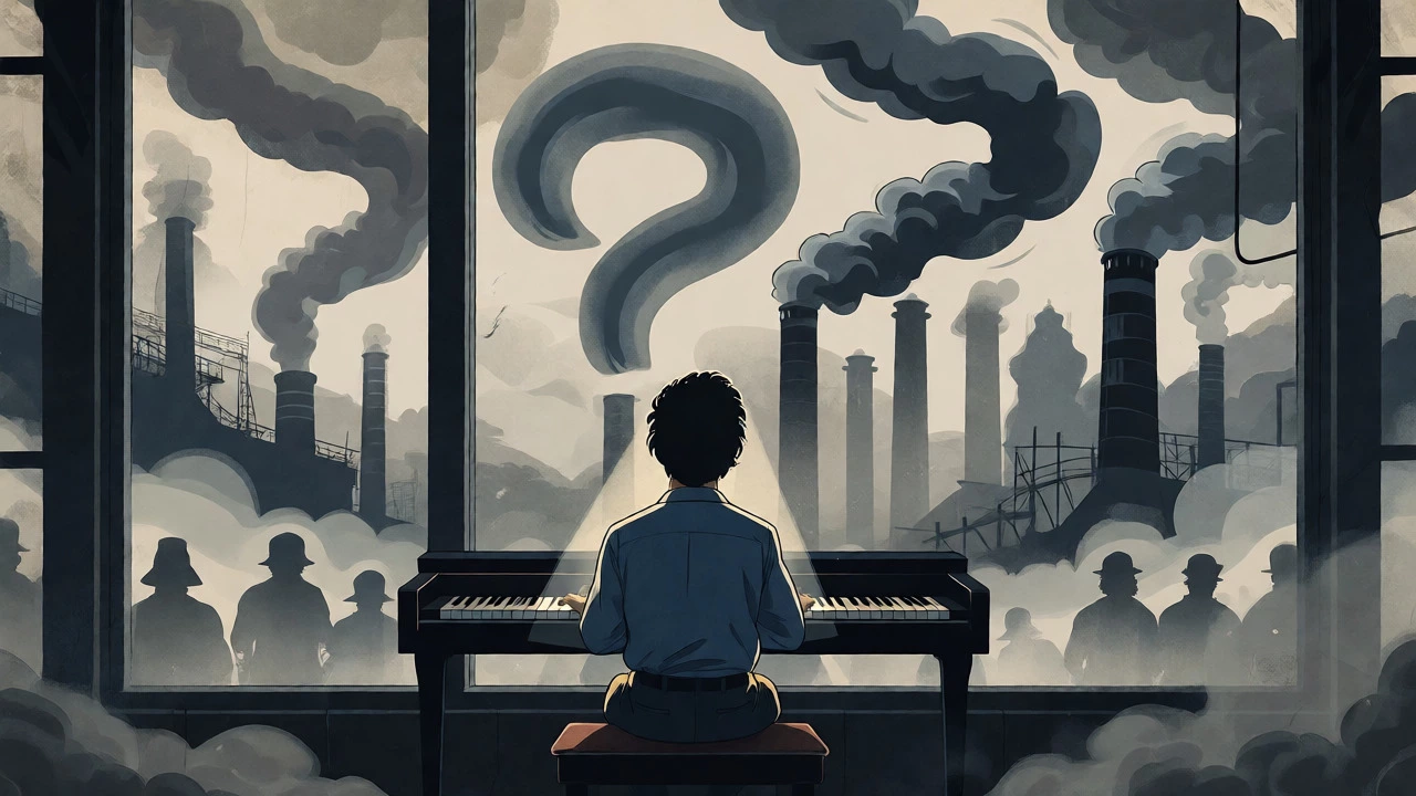 Moody industrial scene with pianist looking out at smoky factory stacks