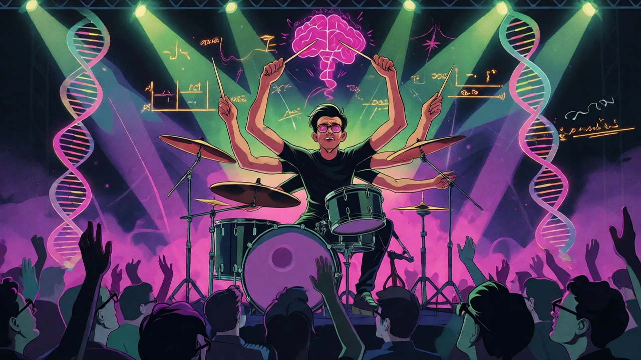 Multi-armed drummer amidst abstract math symbols
