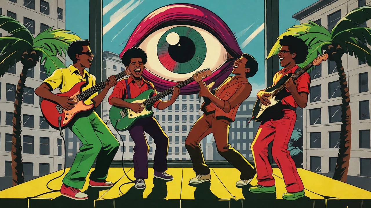 Musical Youth performing reggae pop while an MTV eye watches from outside.