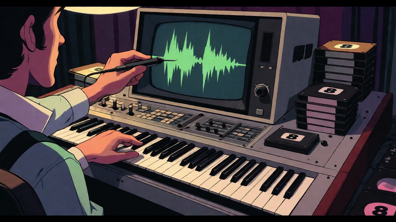 Musician using a lightpen to edit waveforms on a Fairlight CMI screen