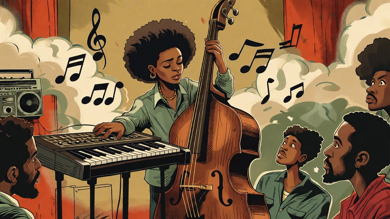 Neo soul musicians playing live instruments amidst urban textures