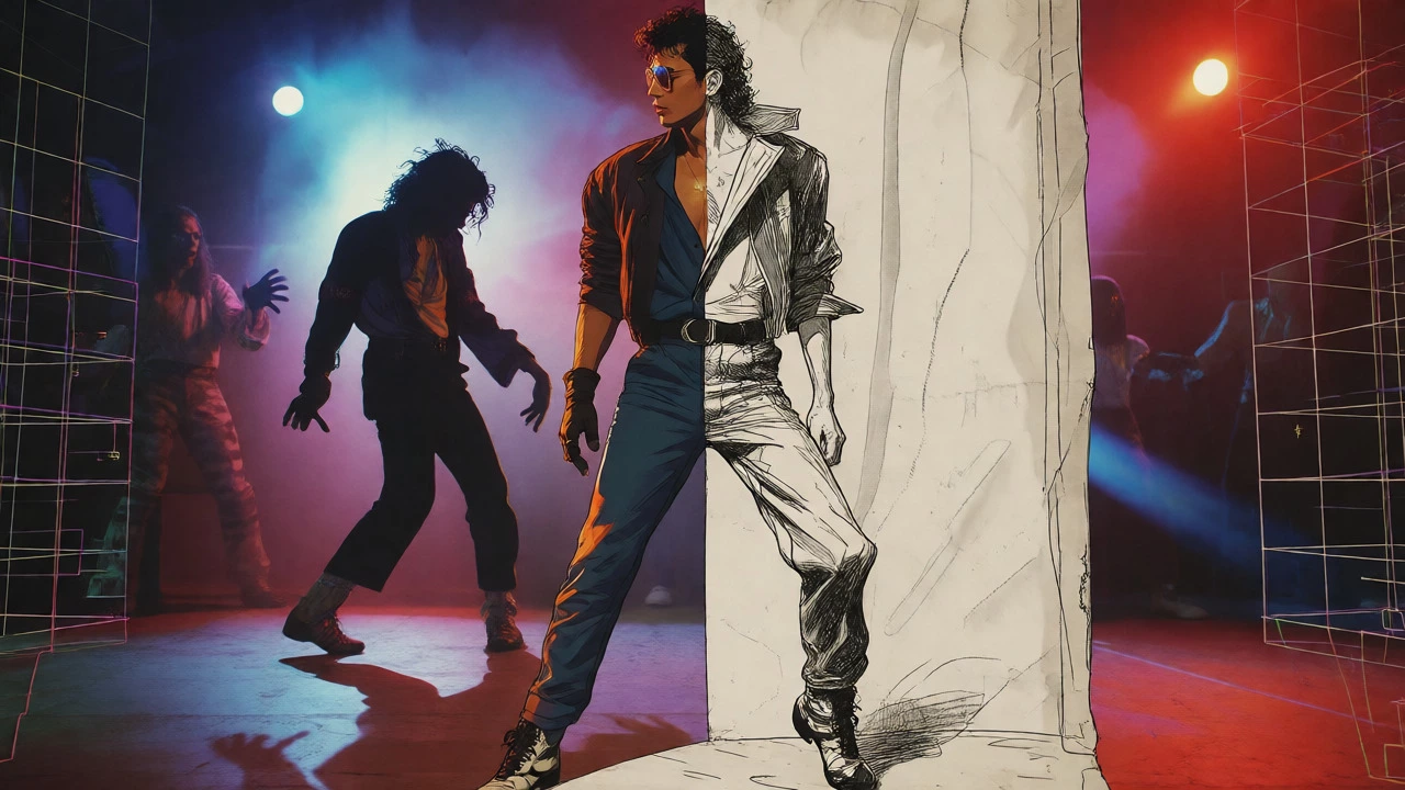 Pop star merging with pencil-sketch animation in a hybrid 1980s music video scene