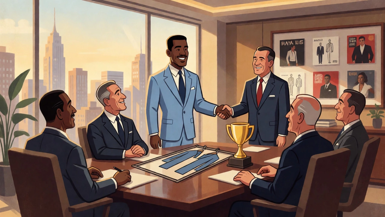 Rap mogul in a suit closing a business deal in an office