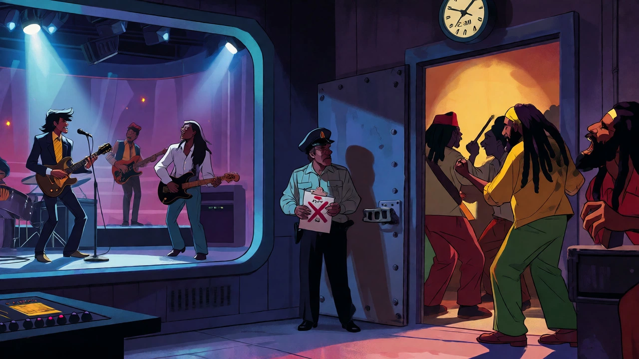 Reggae musicians locked out of prime time while rock bands perform brightly.
