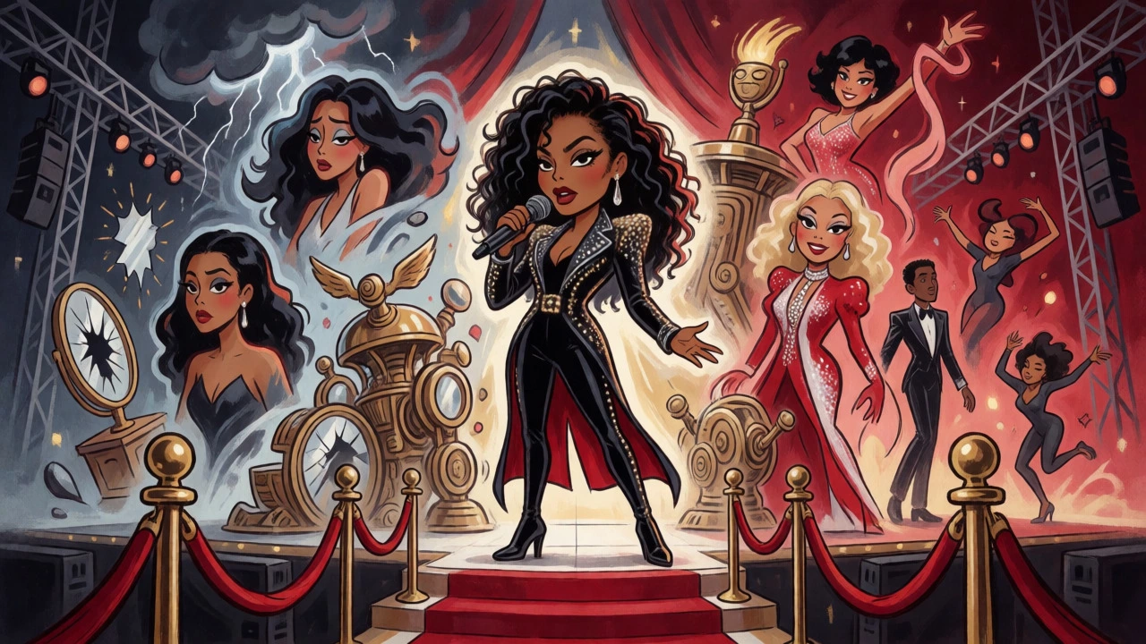 Retro cartoon illustration of a singer on a Vegas-style stage surrounded by symbolic imagery of emotion and glamour.