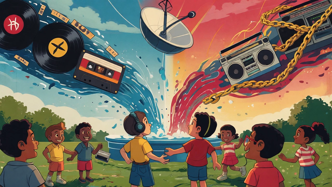 Rivers of rock and hip-hop imagery merging above kids sharing music in a park.