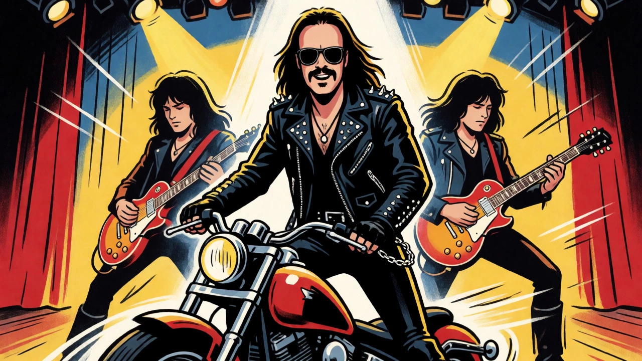 Rob Halford in leather and studs with the band on stage, vintage cartoon illustration.