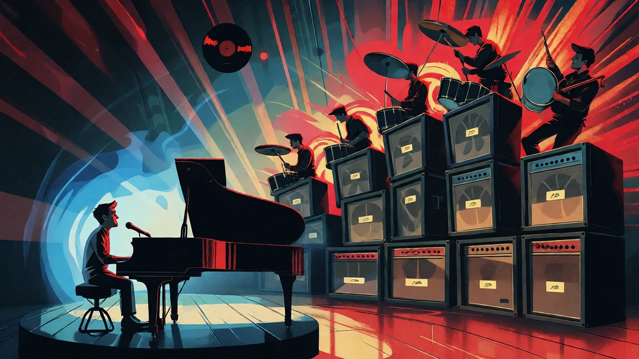 Rock band escalating from piano to loud guitars on stage