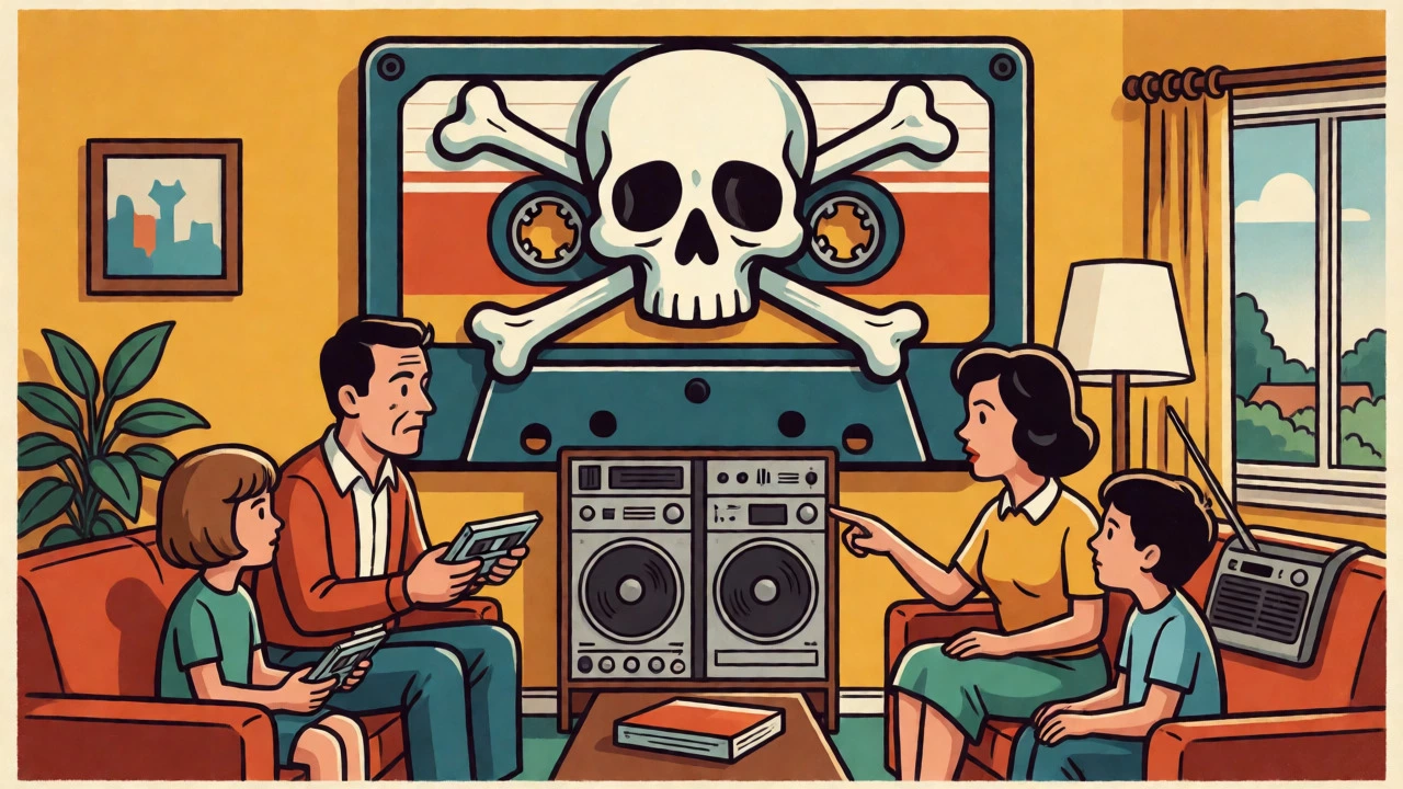 Satirical cartoon of a family reacting to the Home Taping Is Killing Music campaign.